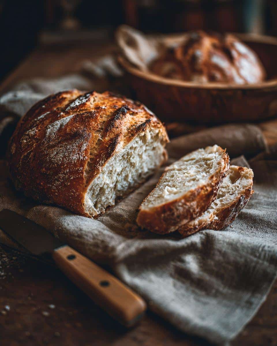 Rustic loaf of Greek yogurt bagels, sliced, on a linen cloth with a knife. Another loaf is in a bowl in the background.