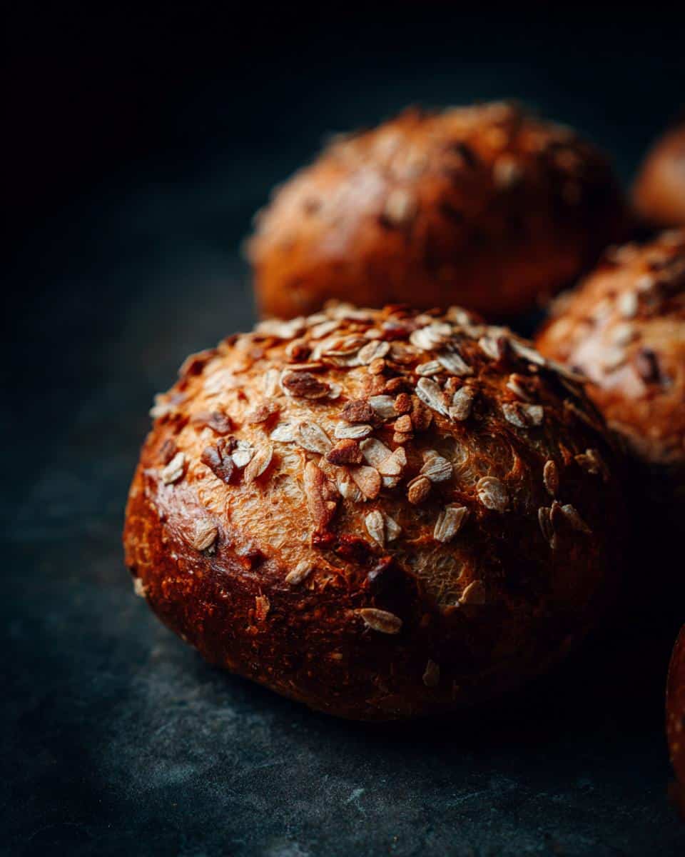 Close-up of freshly baked Greek yogurt bagels, topped with oats, on a dark surface.