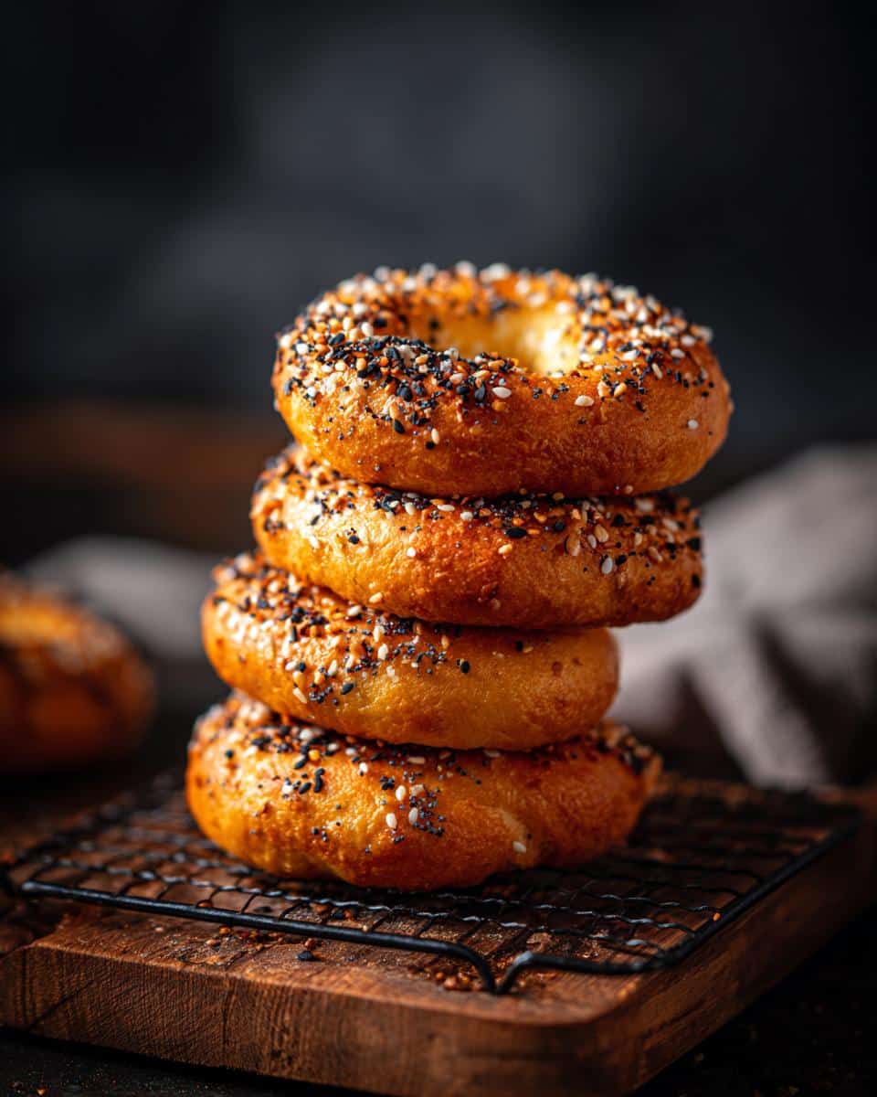 A stack of four golden brown Greek yogurt bagels, topped with everything bagel seasoning on a wooden board.