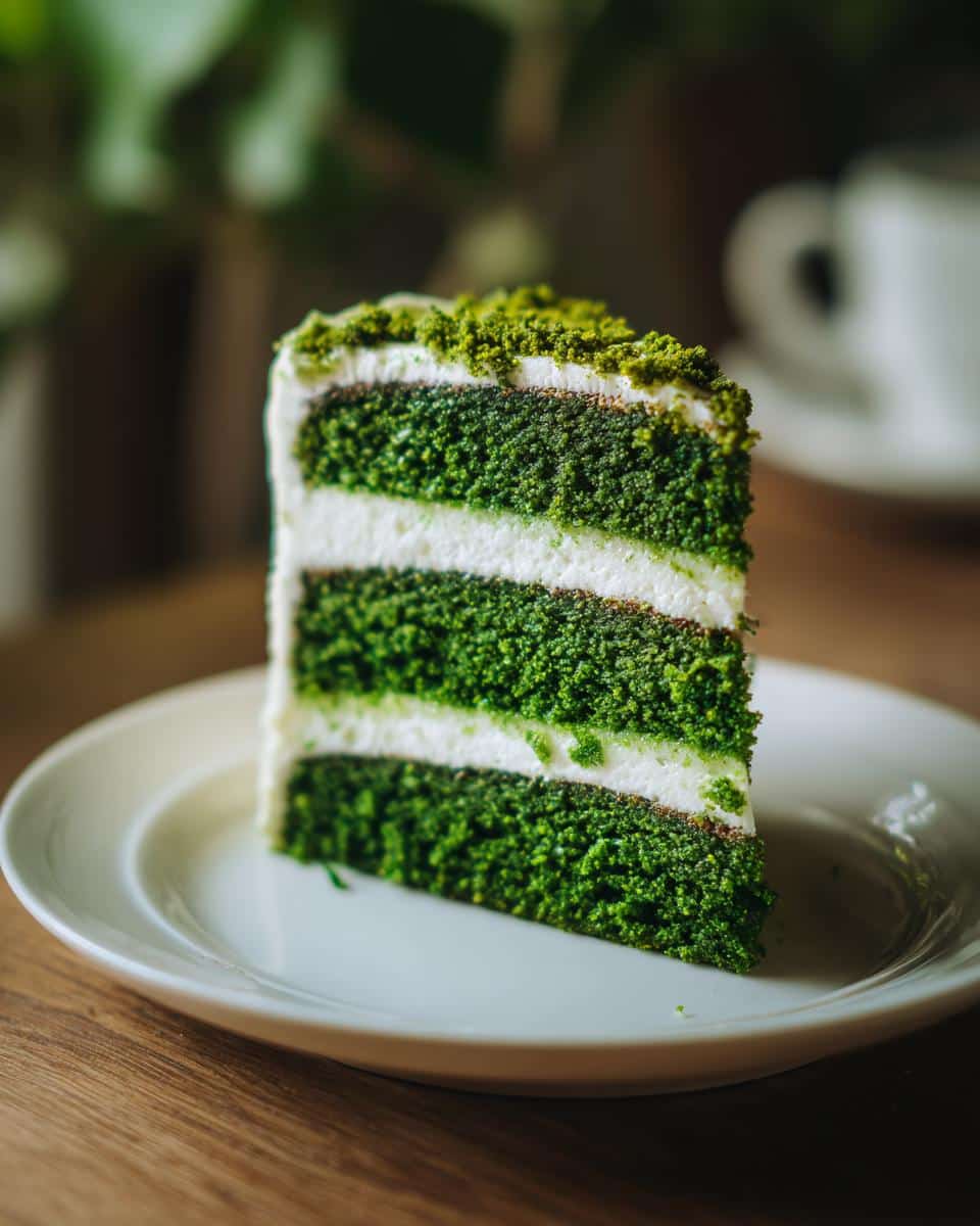 A slice of vibrant green cake with white frosting, a delicious option for green foods for party.
