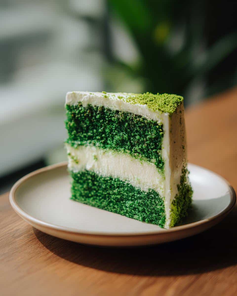 A slice of vibrant green cake with white frosting, a delicious addition to green foods for party.