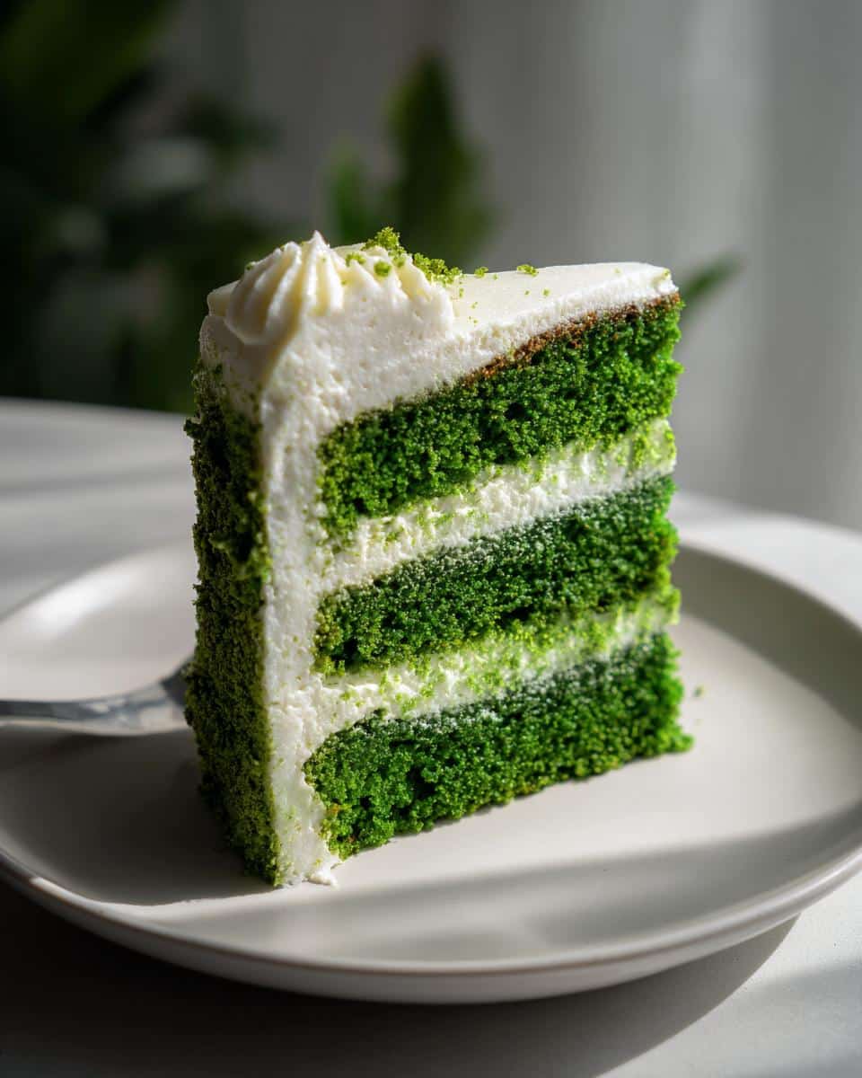 A slice of layered green cake with white frosting, a delicious option for green foods for party.
