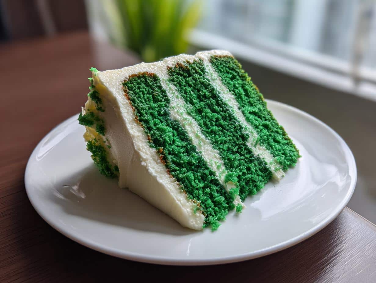 A slice of green cake with white frosting, a delicious addition to green foods for party.