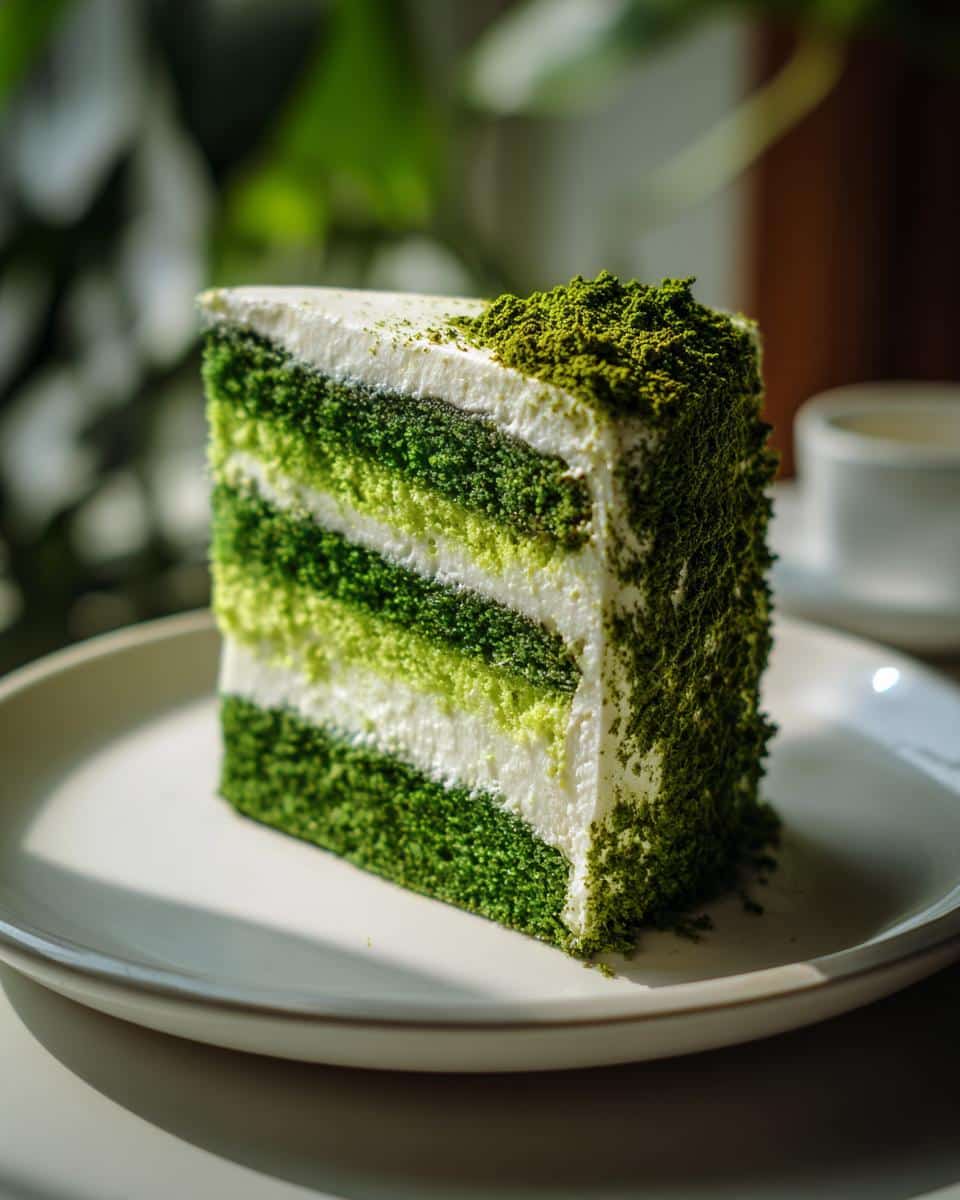 A slice of layered green cake, a delicious option for green foods for party. The cake has green sponge and white frosting.