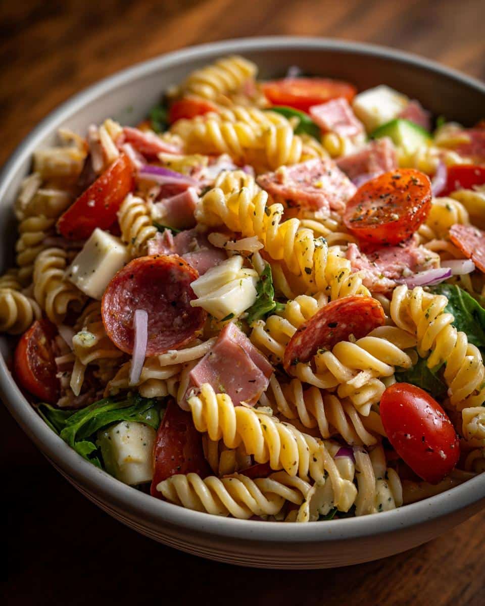Close-up of a colorful grinder pasta salad in a bowl with rotini, salami, tomatoes, cheese, and ham.
