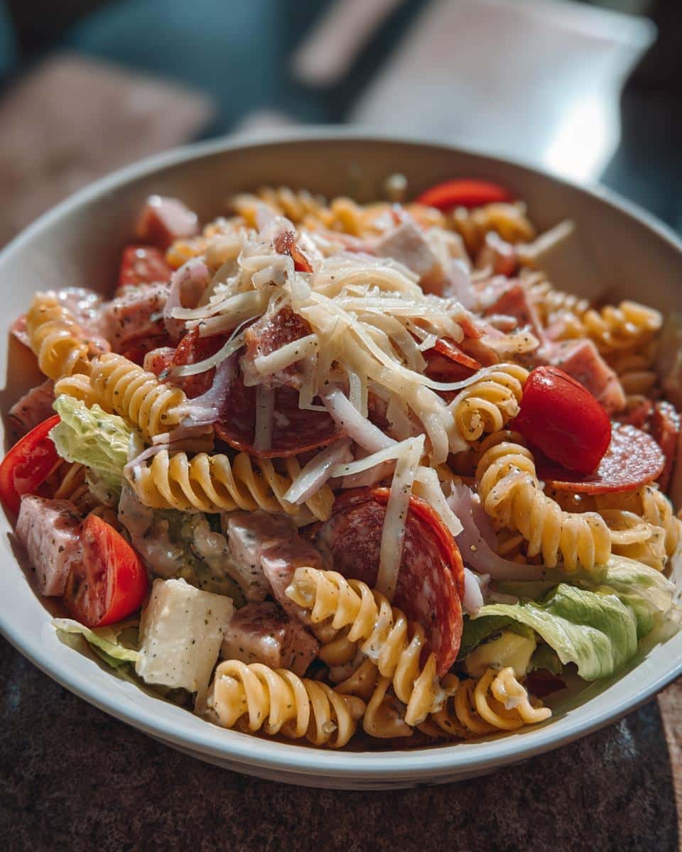 A vibrant bowl of grinder pasta salad with rotini pasta, salami, ham, tomatoes, lettuce, and cheese.