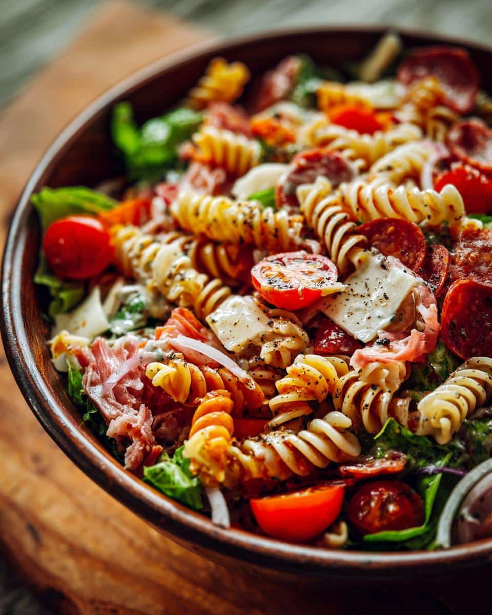 Close-up of a vibrant grinder pasta salad in a wooden bowl, featuring pasta, tomatoes, lettuce, and cured meats.