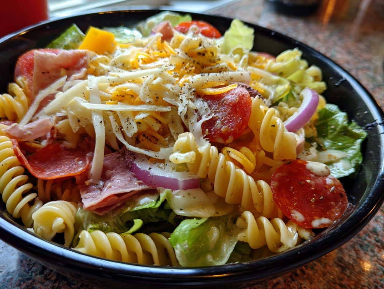 A colorful bowl of grinder pasta salad with rotini, lettuce, meats, cheese, and vegetables.