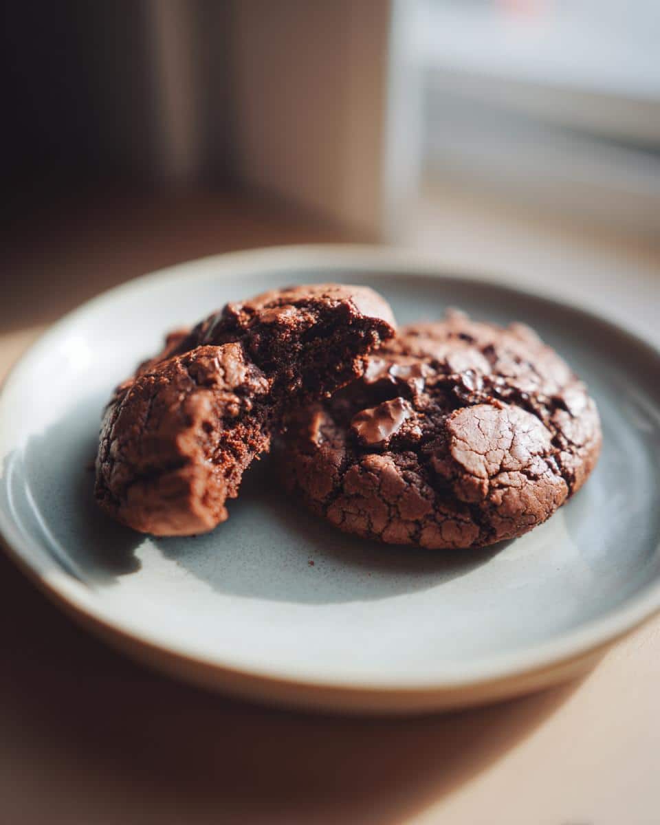 Two Healthy Chocolate Cookies on a plate, one with a bite taken out, showing the soft inside.