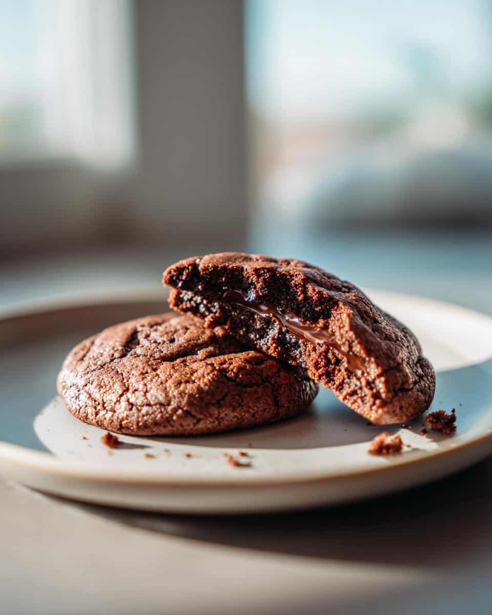 Two Healthy Chocolate Cookies on a plate, one broken in half to show the gooey center.