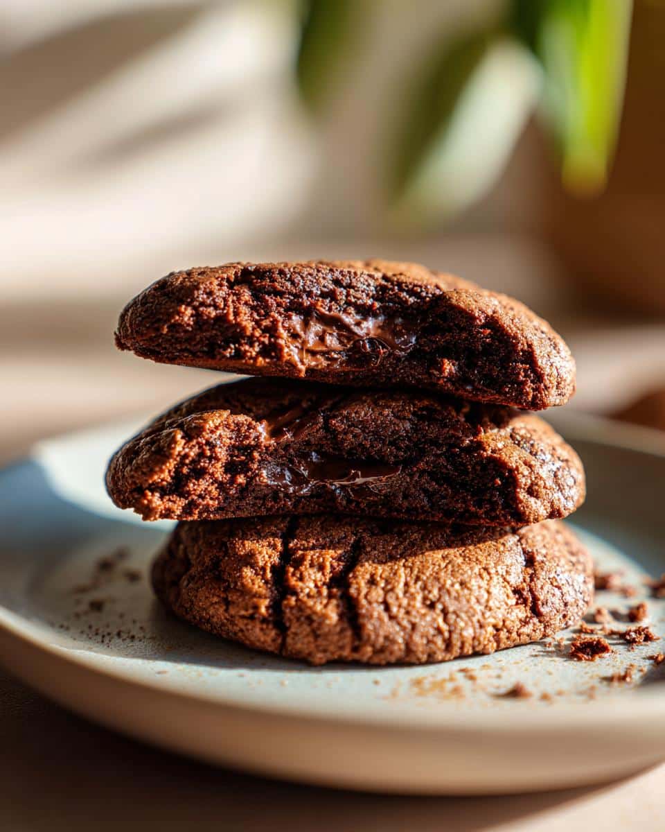 A stack of three Healthy Chocolate Cookies on a plate, with the top cookie broken in half to reveal a melted chocolate center.