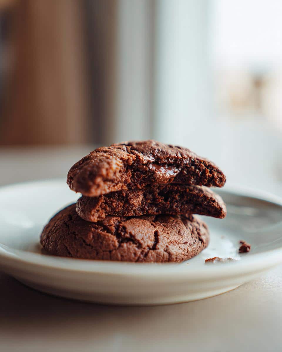 A stack of three Healthy Chocolate Cookies on a plate, the top cookie broken in half to show the gooey center.