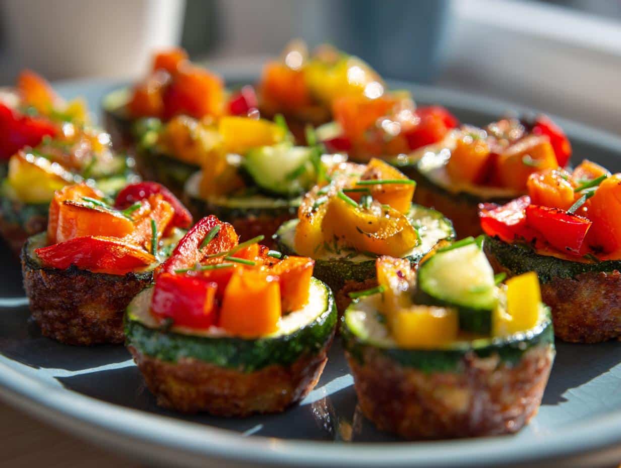 A plate of colorful and vibrant Healthy Game Day Finger Foods with zucchini and peppers.