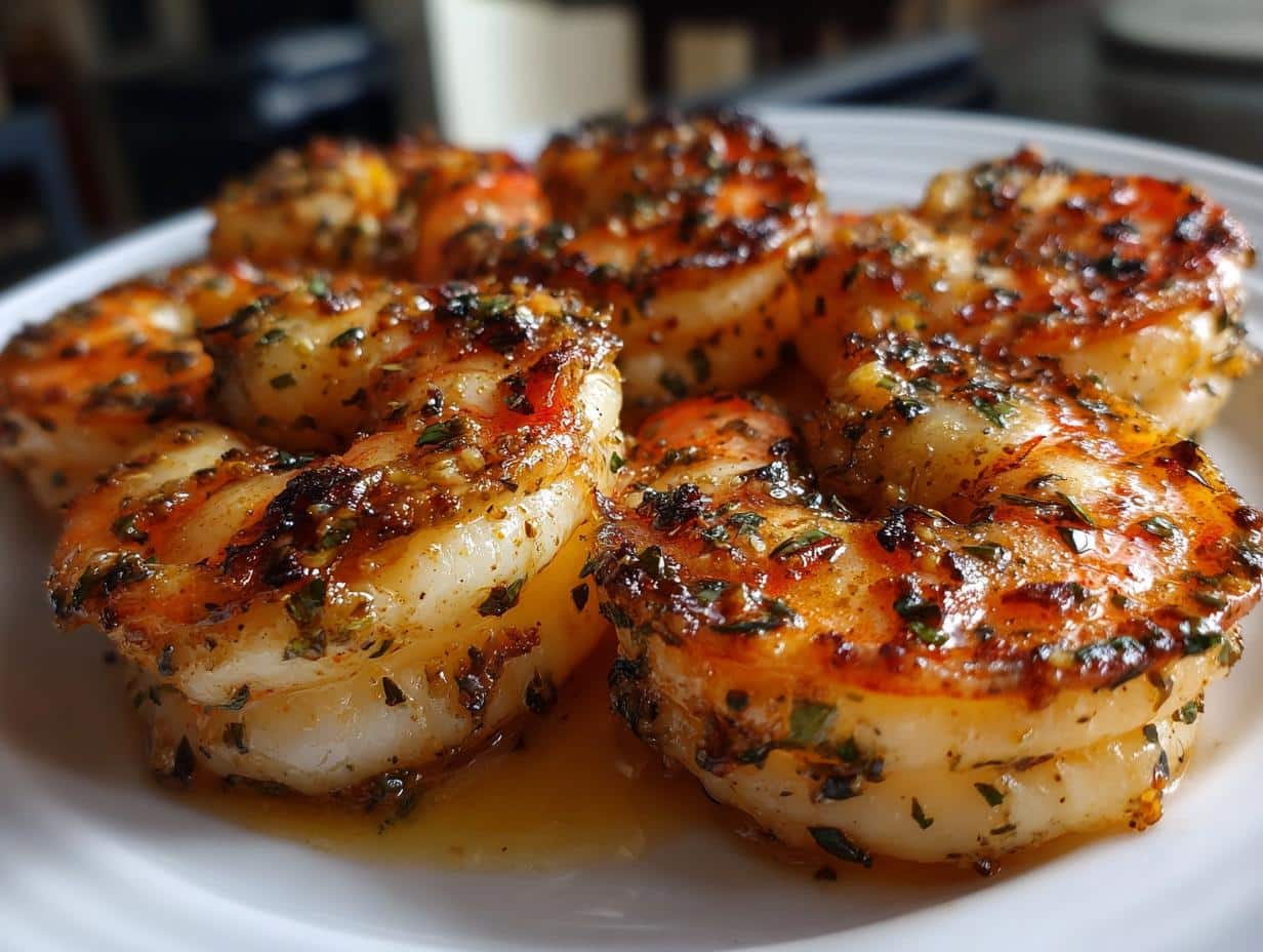 Close-up of herb-crusted shrimp recipes, plated and ready to eat. Easy and delicious seafood dish.