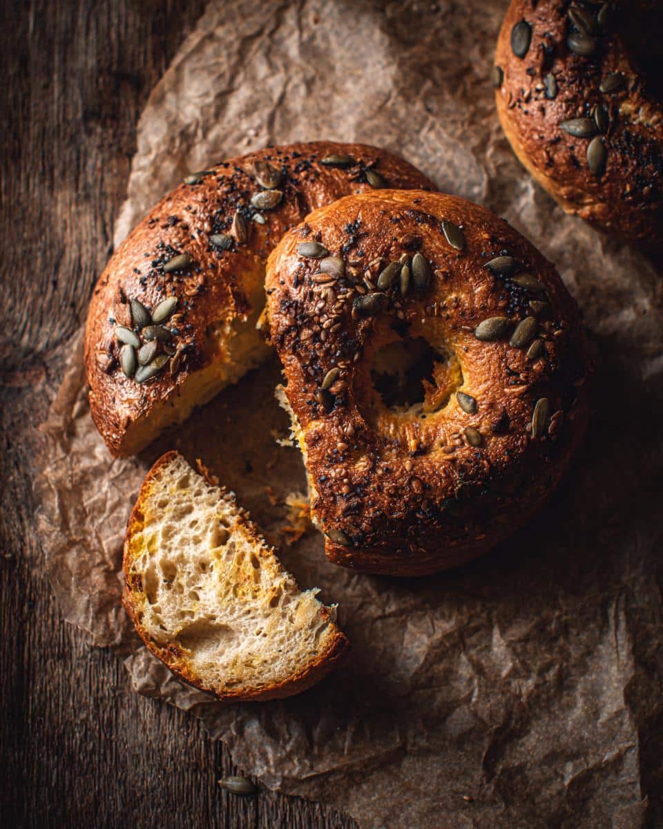 Close-up of sliced homemade protein bagels topped with seeds, on parchment paper and a wood surface.
