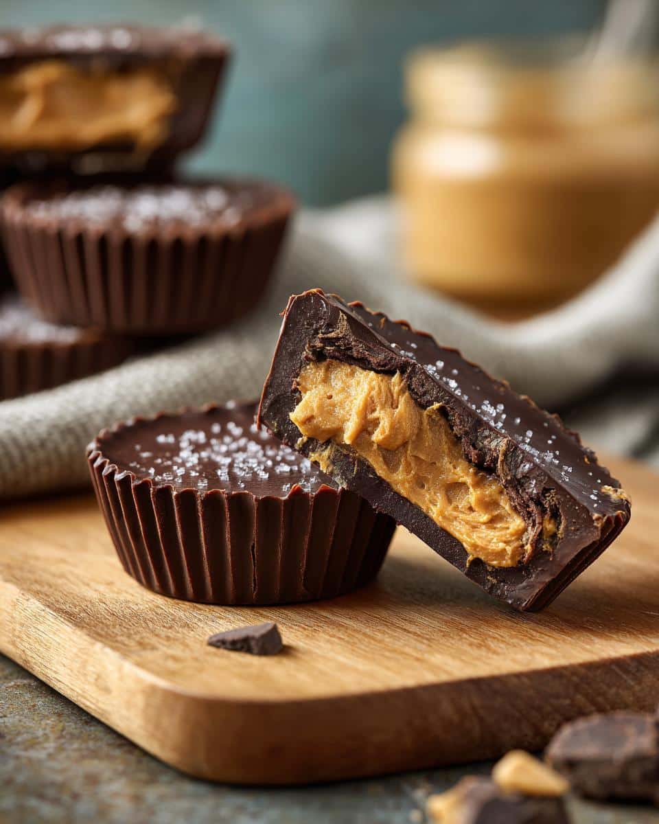Close-up of homemade reeses cups, one cut in half to show the peanut butter filling, sprinkled with sea salt.