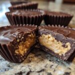 A homemade reeses cups cut in half to show the peanut butter filling, with more cups in the background.