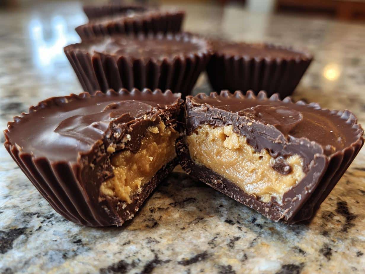 A homemade reeses cups cut in half to show the peanut butter filling, with more cups in the background.