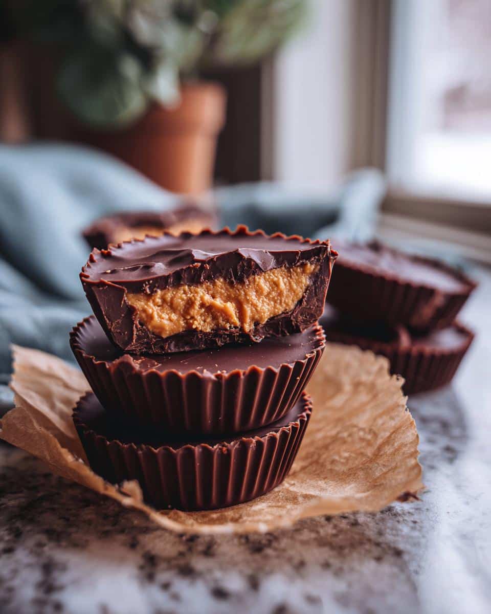 A stack of homemade reeses cups, with the top cup cut in half to show the peanut butter filling.