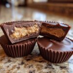 A stack of homemade reeses cups, with the top one cut in half to show the peanut butter filling.