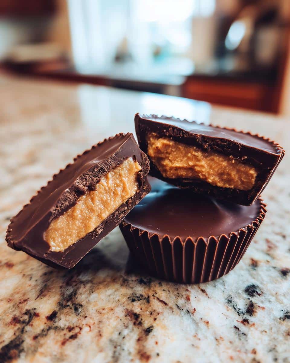 A stack of homemade reeses cups, one cut in half to show the peanut butter filling.