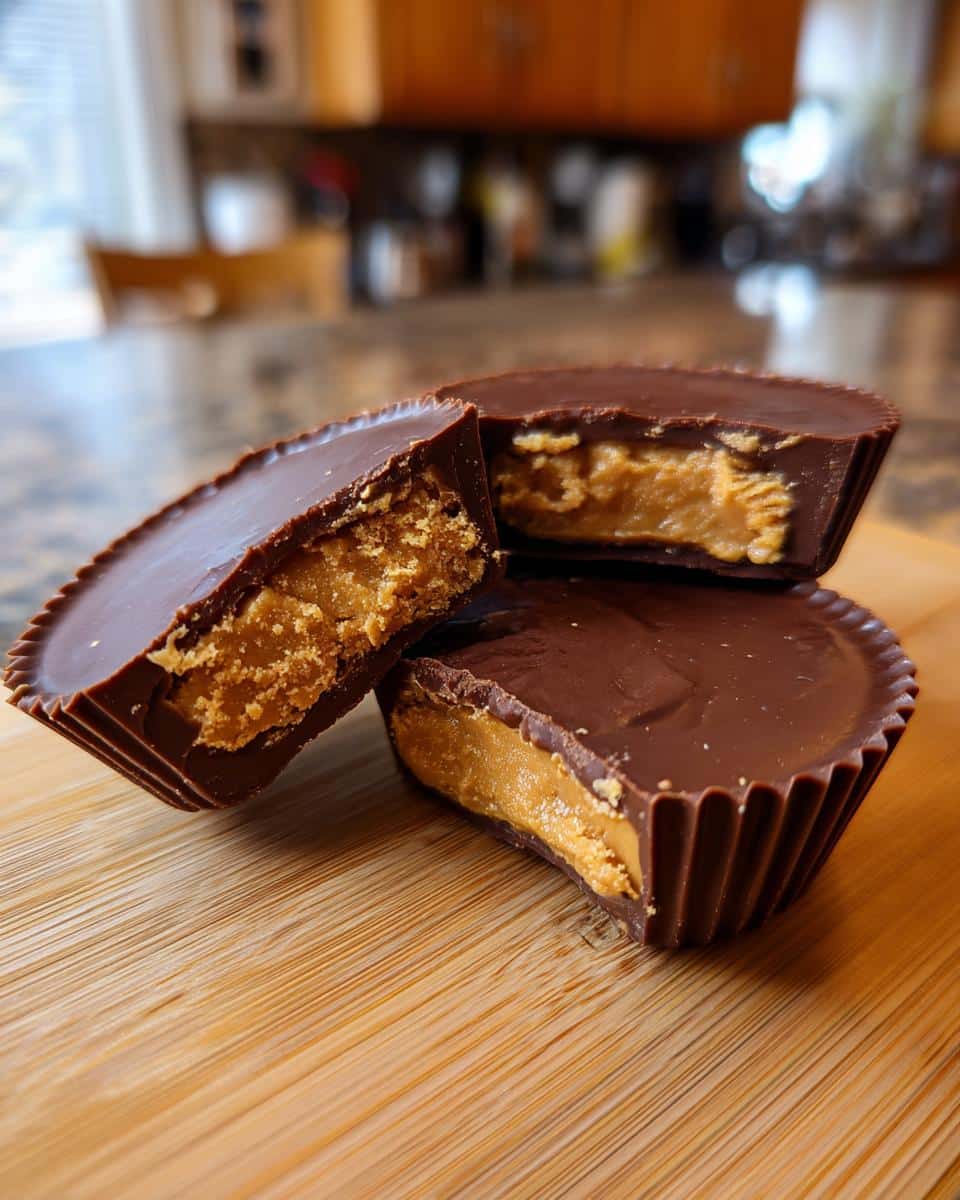 Stack of homemade reeses cups, one cut in half to show the peanut butter filling.
