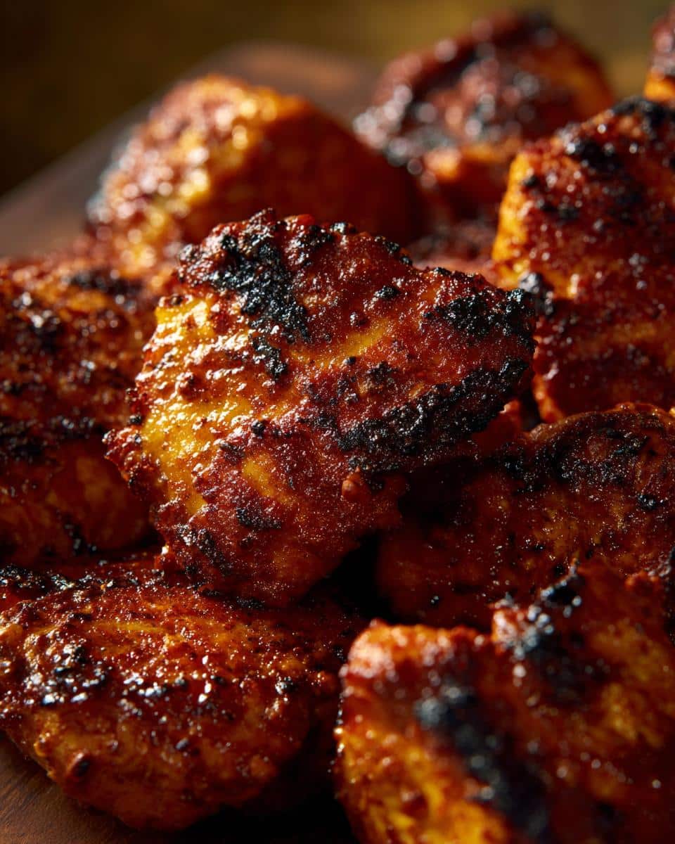 Close-up of glazed honey mustard chicken pieces with slightly charred edges, served on a wooden board.