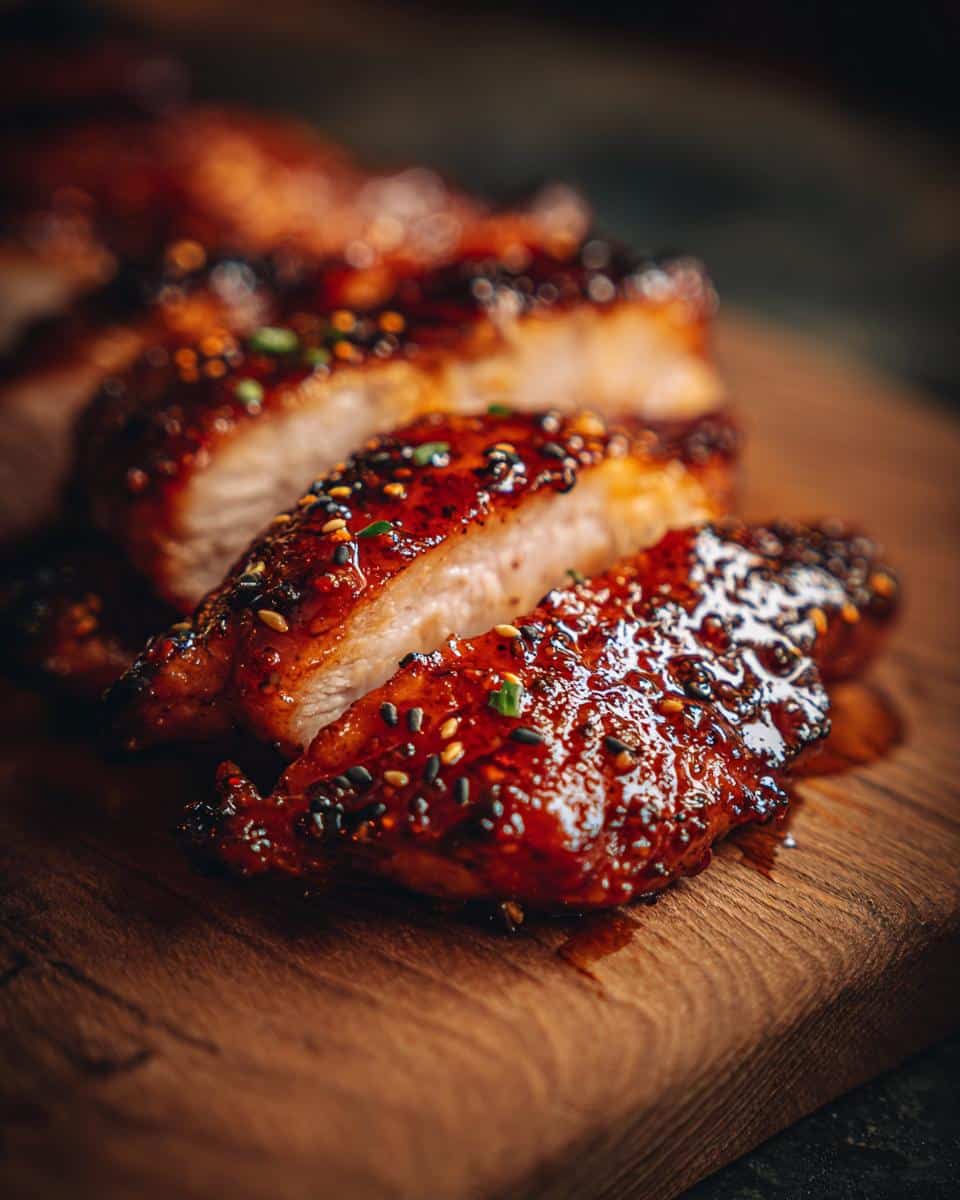 Close-up of sliced honey mustard chicken on a wooden cutting board, glazed and sprinkled with sesame seeds.