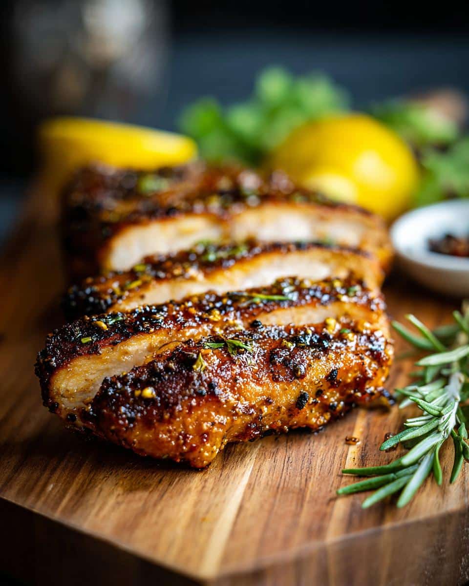 Close-up of sliced honey mustard chicken on a wooden board, garnished with rosemary and lemon.