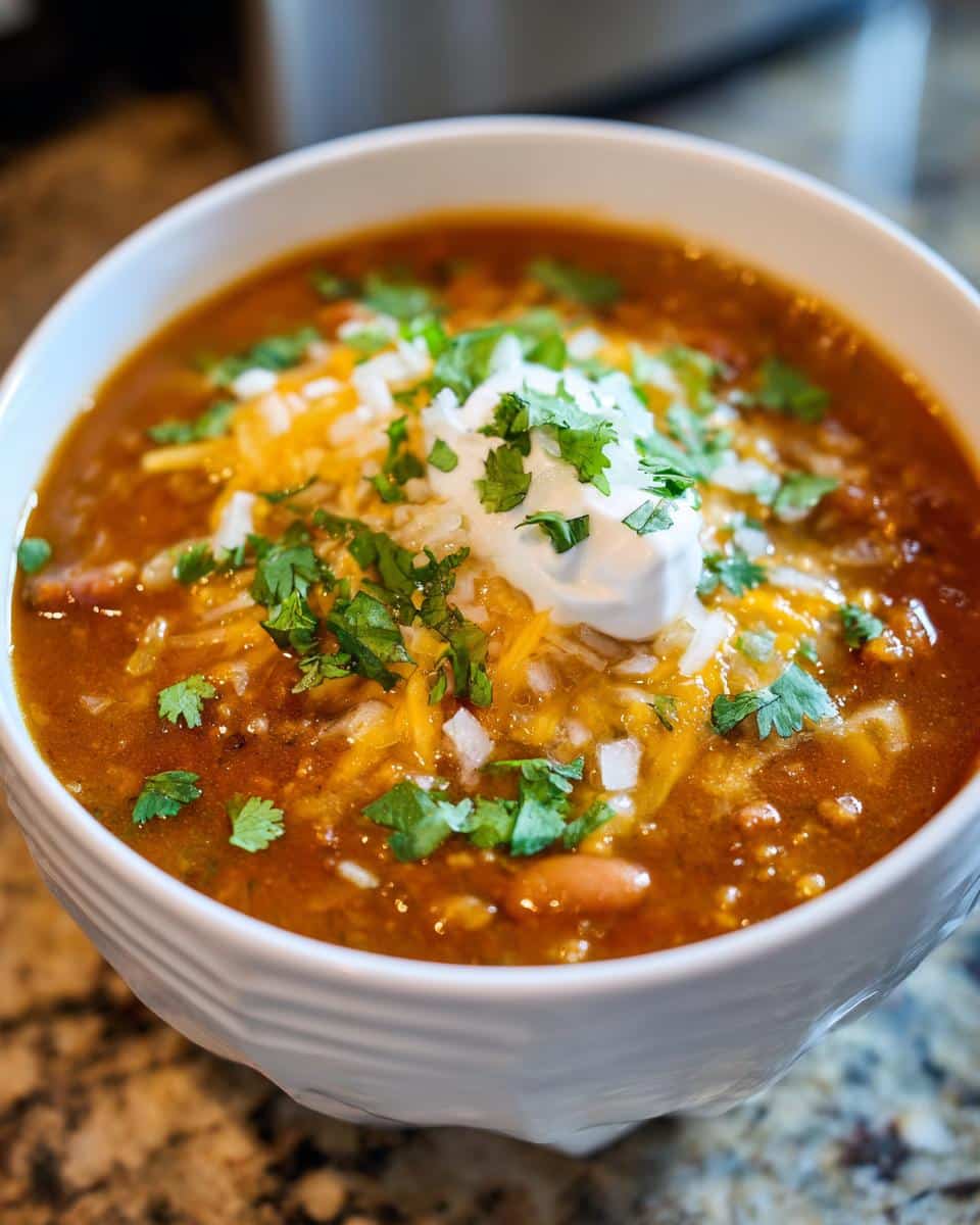 A bowl of Instant Pot White Chili topped with cheese, sour cream, and cilantro.