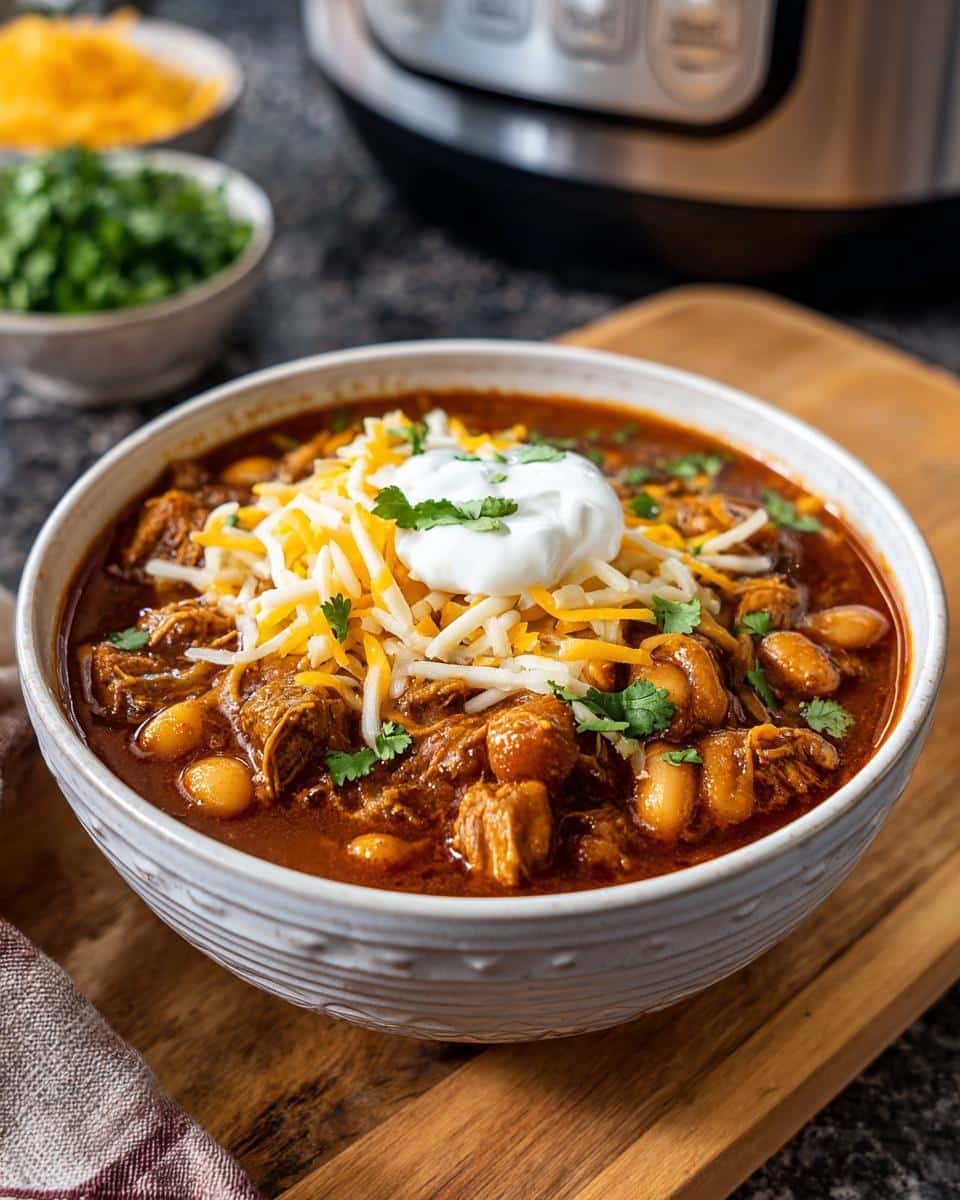 A bowl of Instant Pot White Chili topped with cheese, sour cream, and cilantro. Ready to eat!