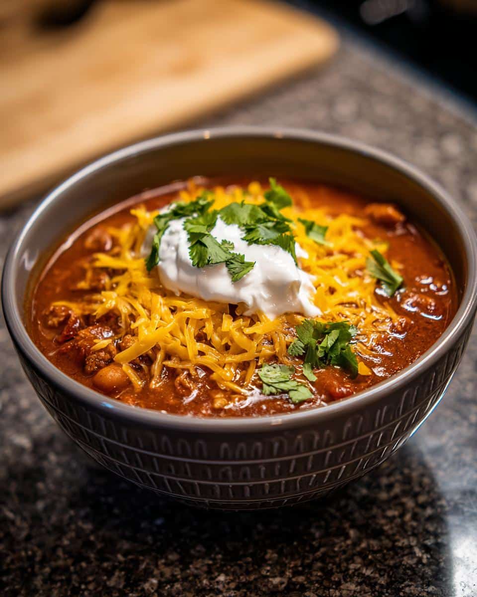A bowl of Instant Pot White Chili topped with cheese, sour cream, and cilantro.