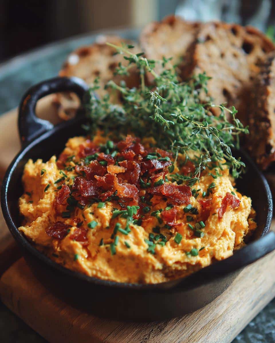 Creamy Irish appetizers dip topped with bacon and chives, served with rustic bread.