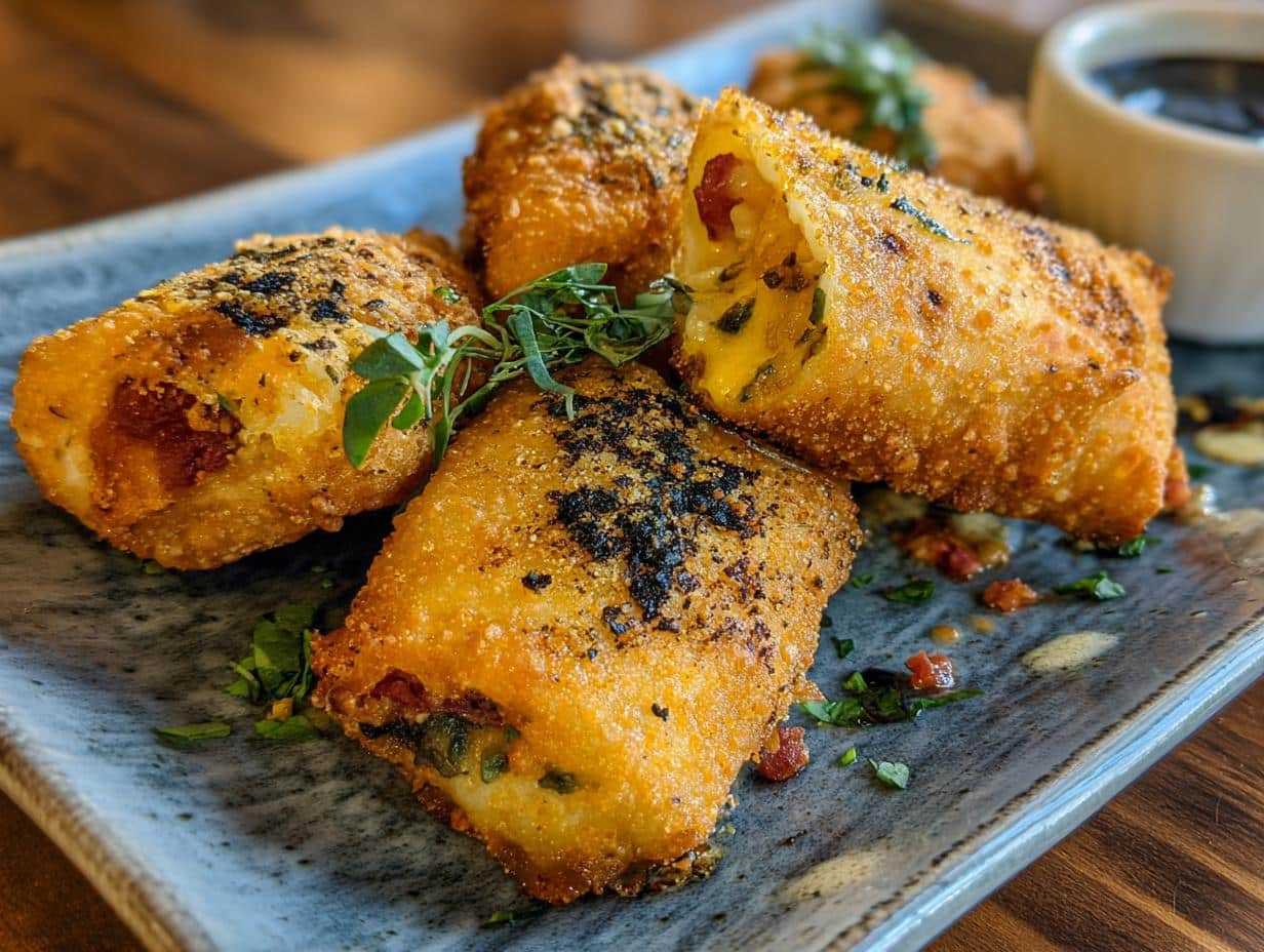 Close-up of crispy fried Irish appetizers filled with savory ingredients, garnished with herbs and served with dipping sauce.