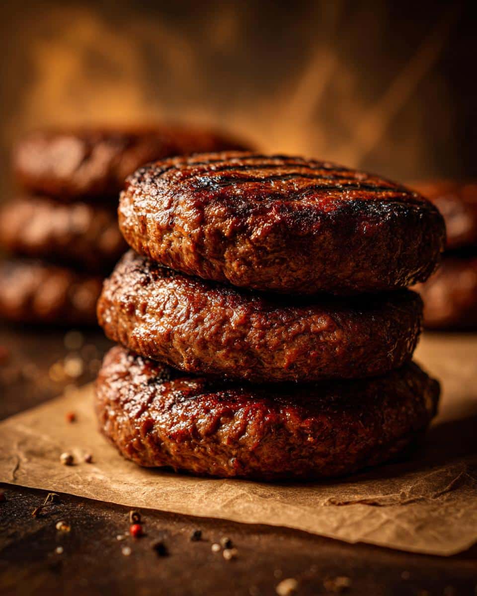 A stack of three cooked meat patties, a potential ingredient for Irish appetizers, on parchment paper.