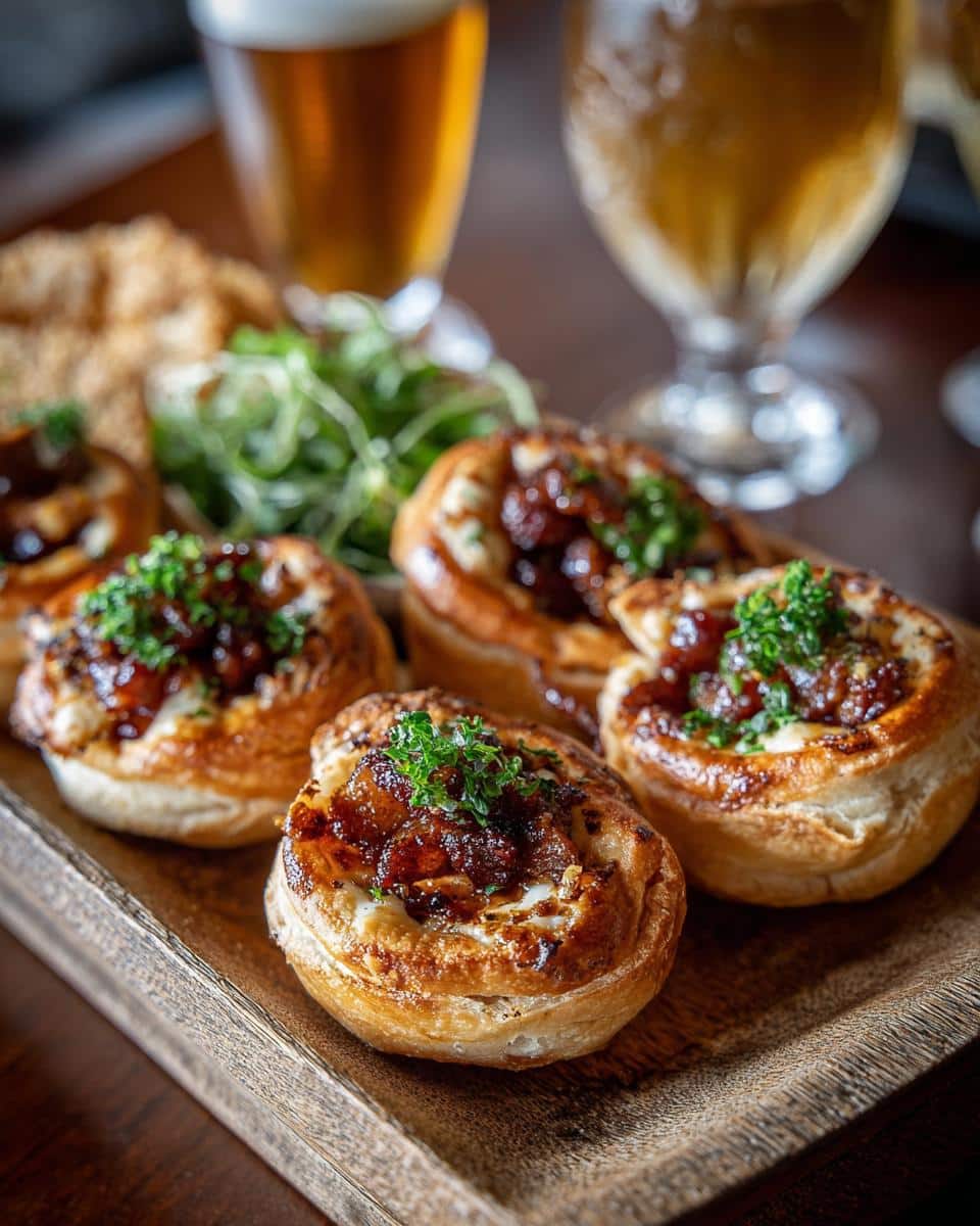 A wooden tray filled with savory Irish appetizers, topped with meat and herbs, alongside drinks.