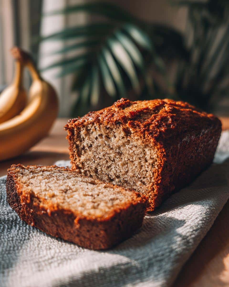 Loaf of fresh banana bread, a twist on Irish food, with a slice cut and bananas in the background.
