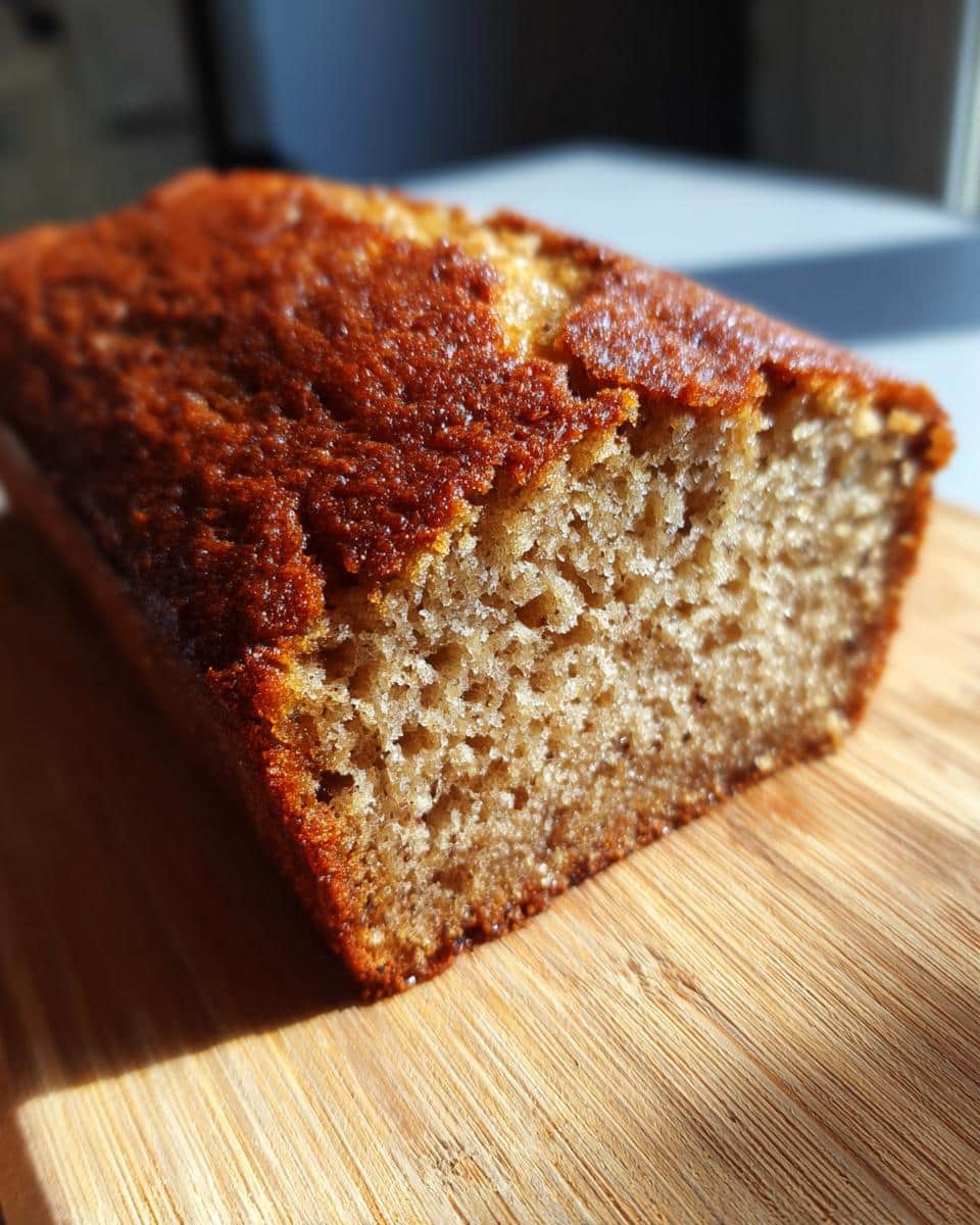 Close-up of a loaf of freshly baked banana bread, a type of Irish food, sitting on a wooden cutting board.