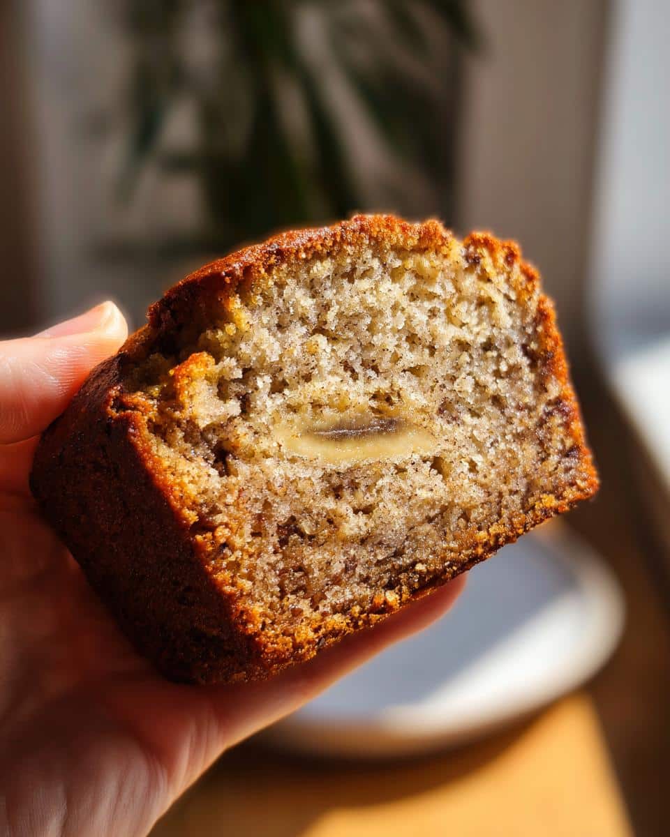 Close-up of a hand holding a slice of banana bread, a type of Irish food, showing the moist texture and banana pieces.