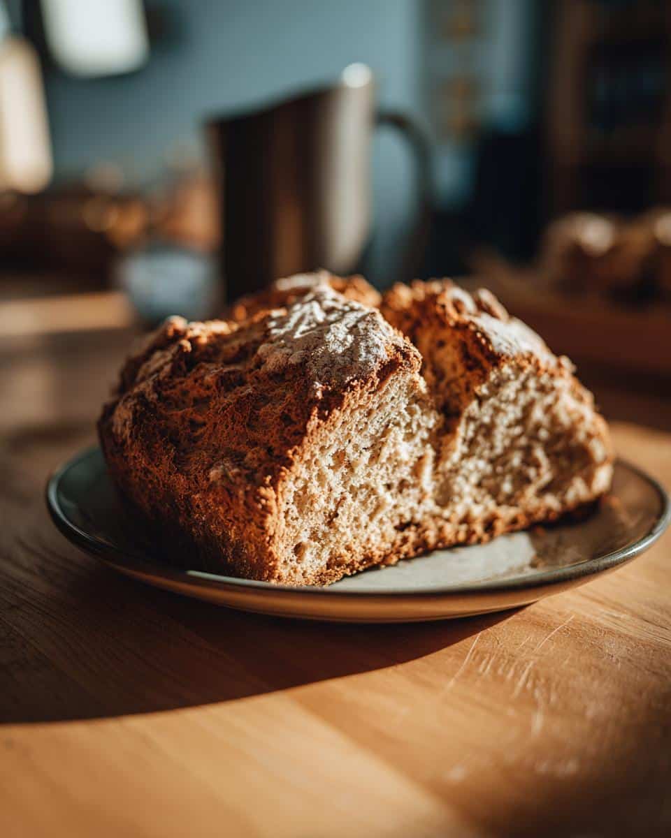 Close-up of a halved loaf of Irish soda bread on a plate, showcasing its rustic crust and airy interior.