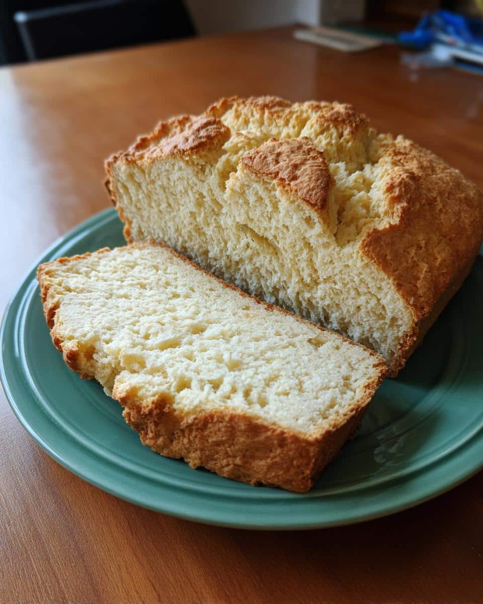 A loaf of Irish soda bread with a slice cut, showing the texture, on a green plate.