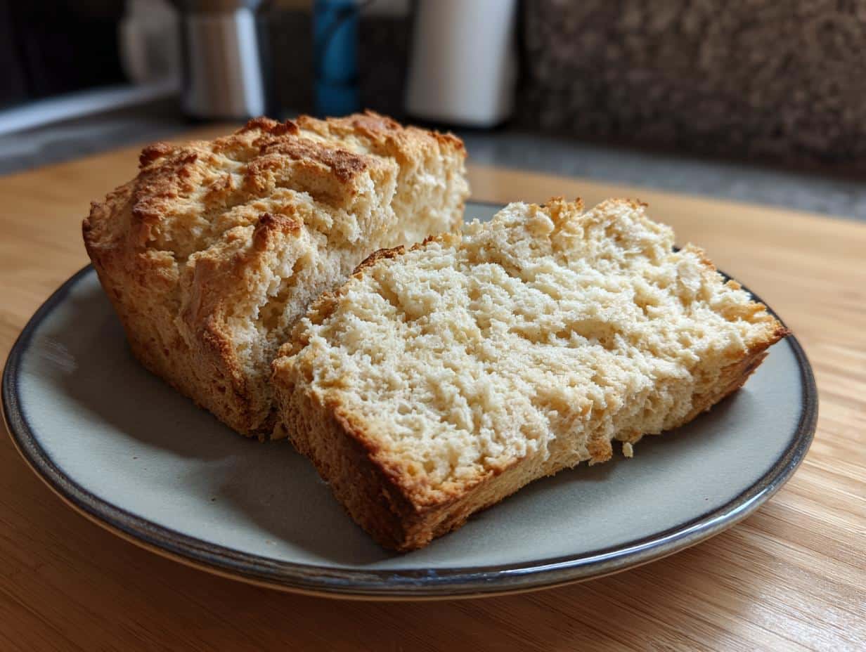 A loaf of Irish soda bread with a slice cut, showing the crumb texture, sitting on a plate.