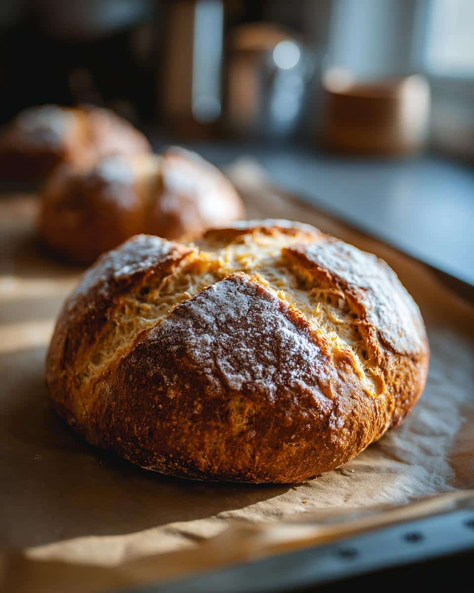 Three loaves of freshly baked Irish soda bread on a baking sheet, dusted with flour.