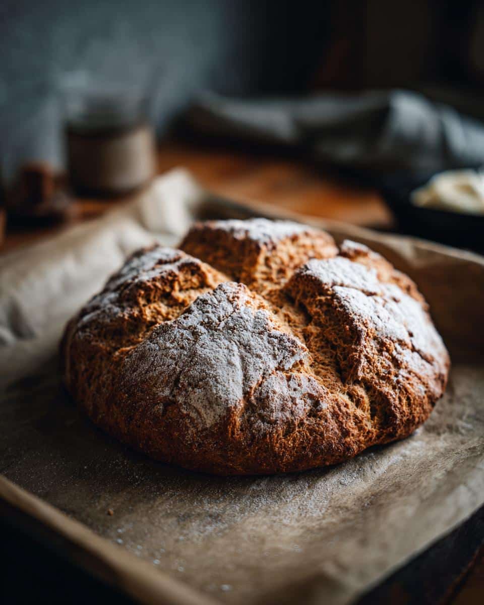 Rustic loaf of Irish soda bread recipe on parchment paper, dusted with flour.