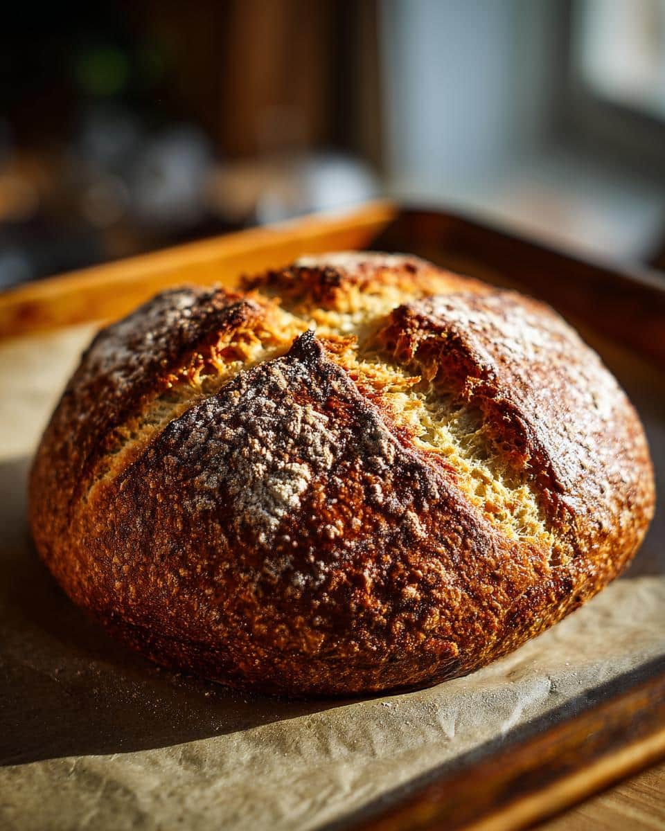 Golden brown Irish soda bread recipe loaf, fresh from the oven, sitting on parchment paper.