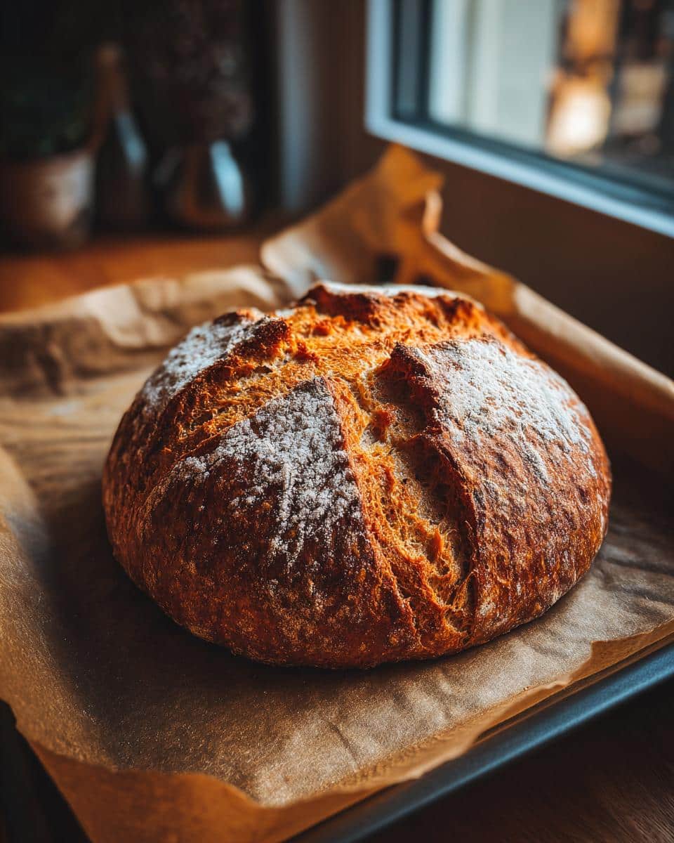 A golden-brown loaf of Irish soda bread recipe, dusted with flour, sits on parchment paper on a baking sheet.