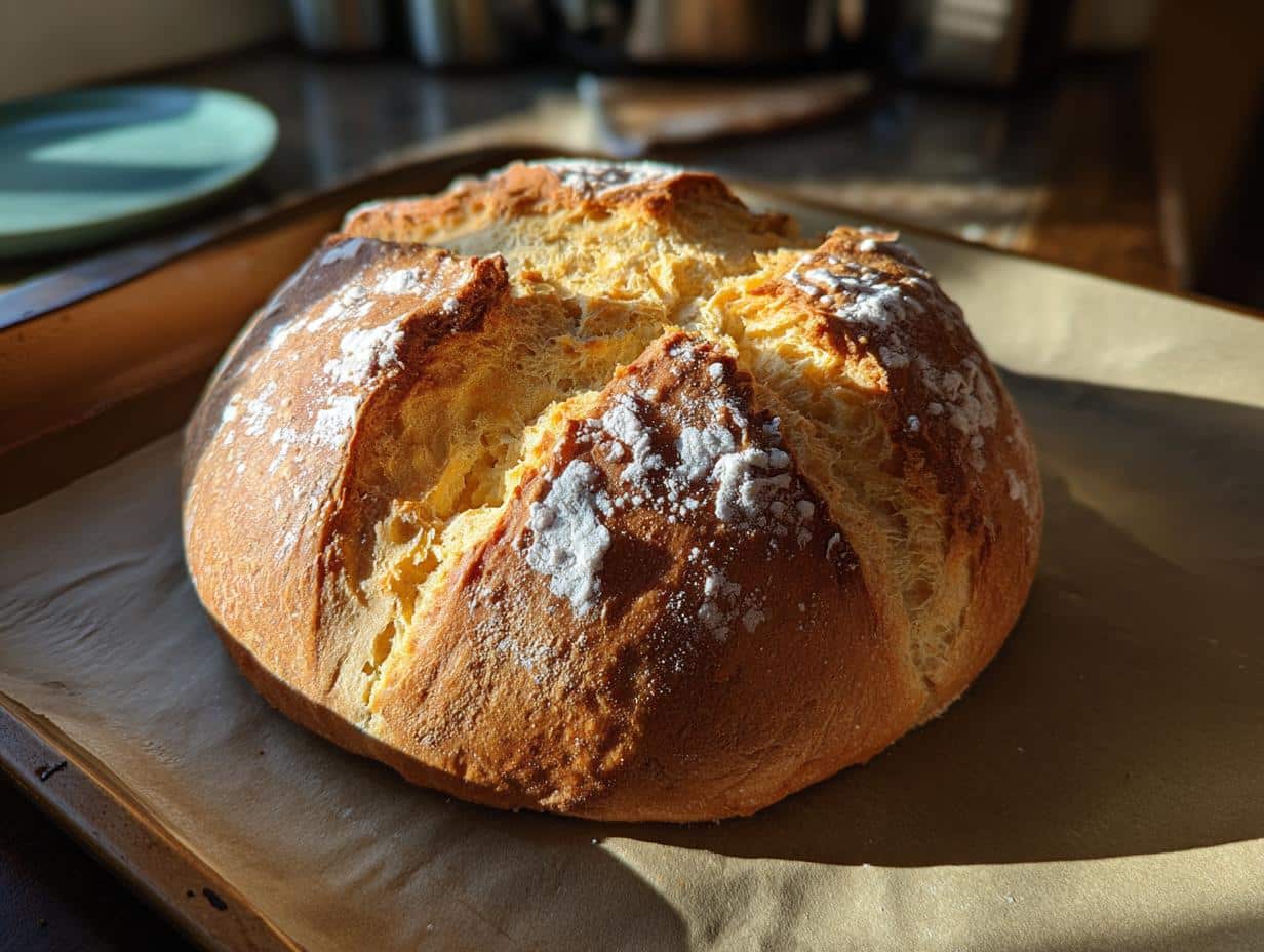 A freshly baked loaf of Irish soda bread recipe, golden brown with a dusting of flour, sits on a baking sheet.