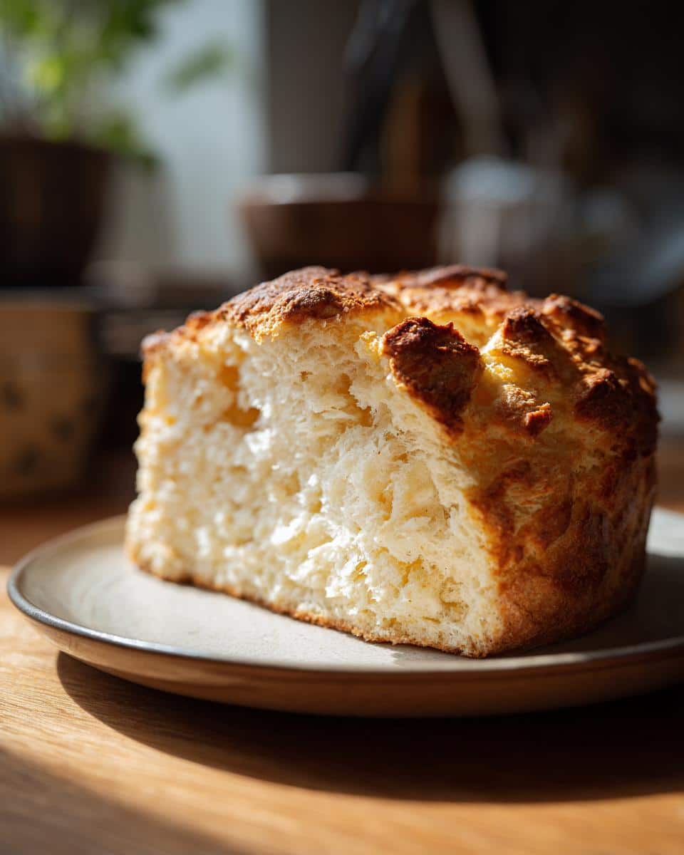 A slice of golden brown Irish soda bread sits on a plate, showcasing its texture and crust.