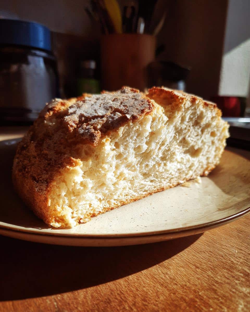 A slice of golden brown Irish soda bread on a plate, showcasing its crumbly texture and rustic charm.