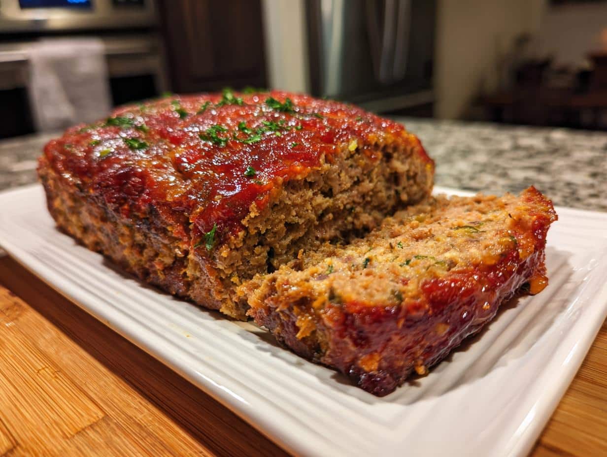 A delicious meatloaf with a glossy glaze, garnished with fresh parsley, served on a white plate.